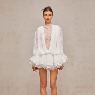 越南小众设计定制针织透视套头衫波浪潮深V领连衣裙配短裤两件套