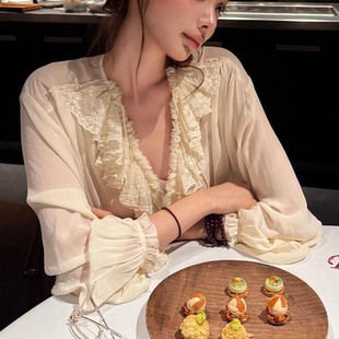 2026春季新款法式气质蕾丝性感边衬衫名媛高级感上衣薄款女长袖