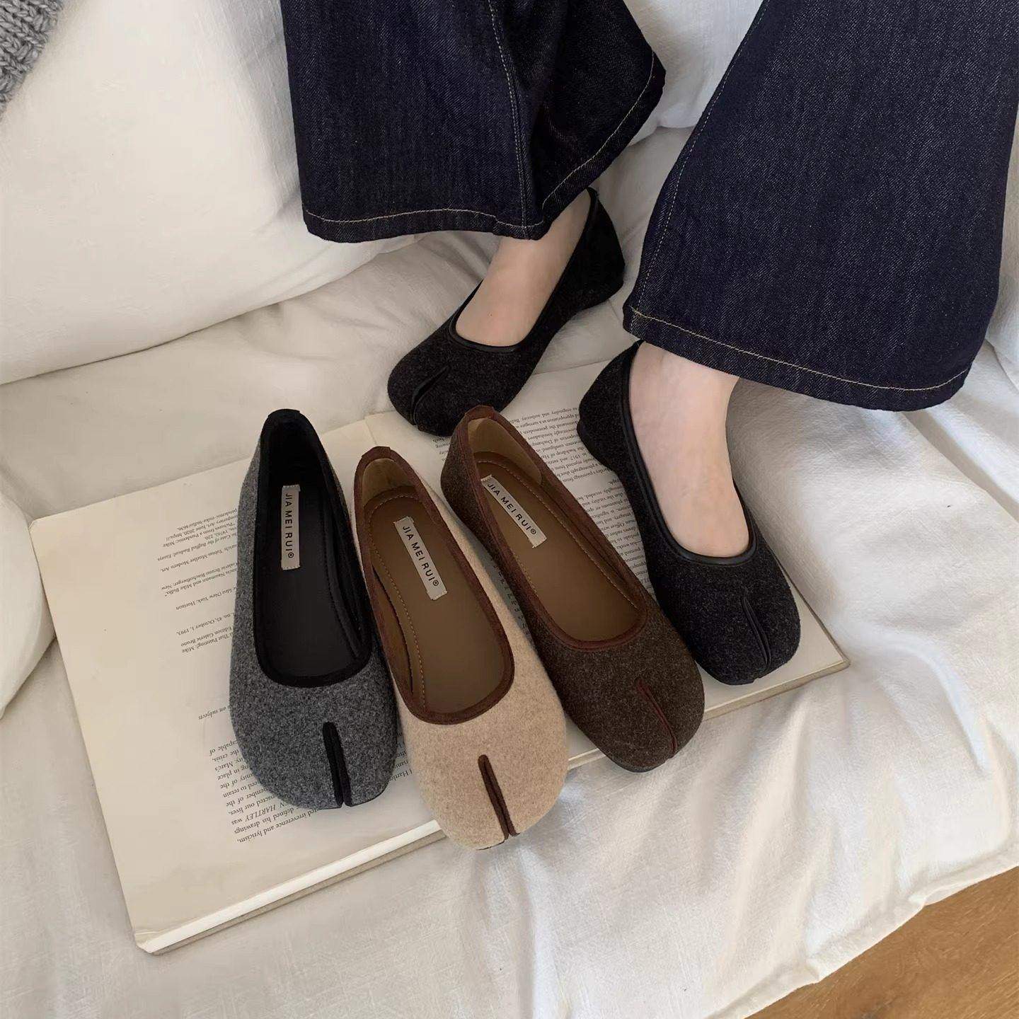 复古小众晚晚风一脚蹬分趾猪蹄鞋子不累脚软平底毛呢芭蕾舞单鞋女,女鞋,深口单鞋,淘宝优惠券,粉丝福利购,淘宝优惠卷