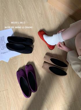 小众复古绒面春秋黑色单鞋女鞋子2025新款春季紫色平底通勤豆豆鞋