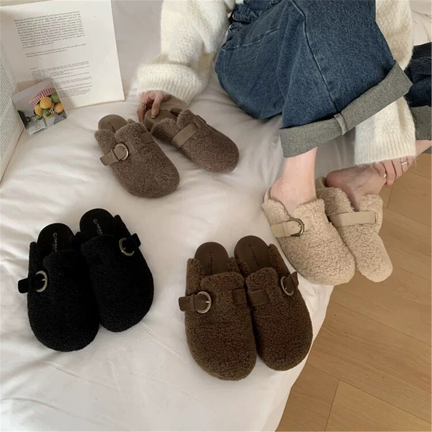 BULAGE羊羔毛勃肯半拖鞋女秋冬外穿复古厚底包头拖一脚蹬平底单鞋