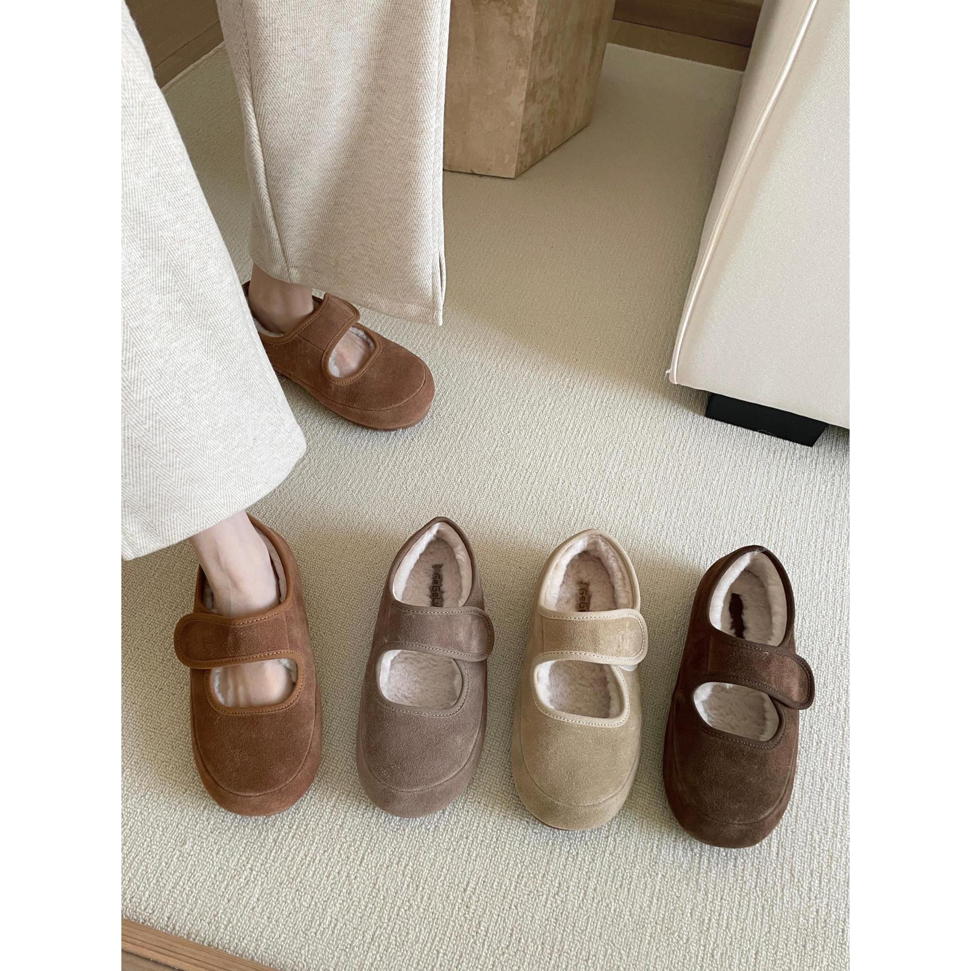 GEGELV厚底真皮加绒魔术贴勃肯鞋2024冬新款丑萌圆头玛丽珍毛毛鞋