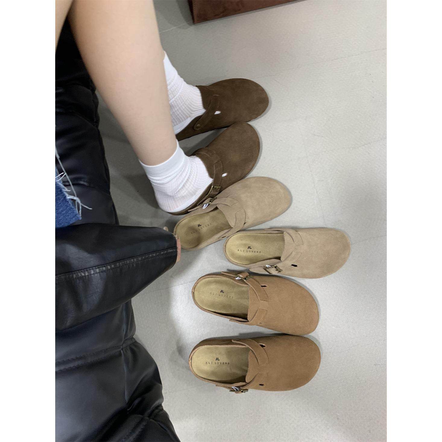 厚底磨砂真皮包头半拖鞋女外穿2024秋冬新款日系内增高勃肯凉拖女图片
