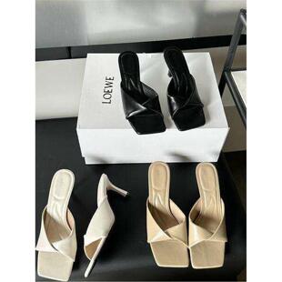 韩国法式 仙女百搭蝴蝶结方头女夏一字露趾外穿中跟细跟高跟凉拖鞋