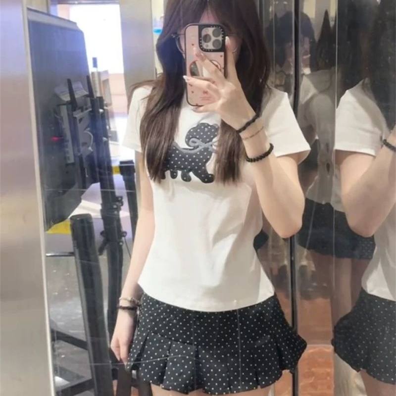 可爱波点小狗蝴蝶结刺绣短袖T恤女夏新款修身显瘦少女感甜美上衣