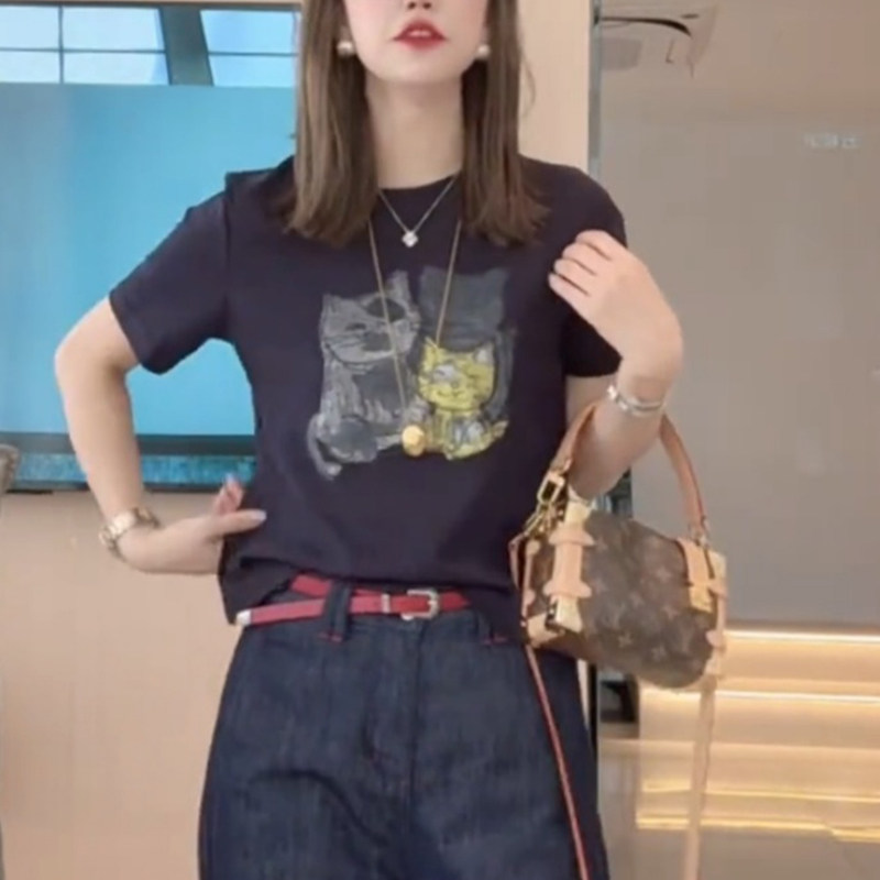 卡通猫咪短袖t恤女2026夏季新款时尚百搭洋派小个子简约显瘦上衣
