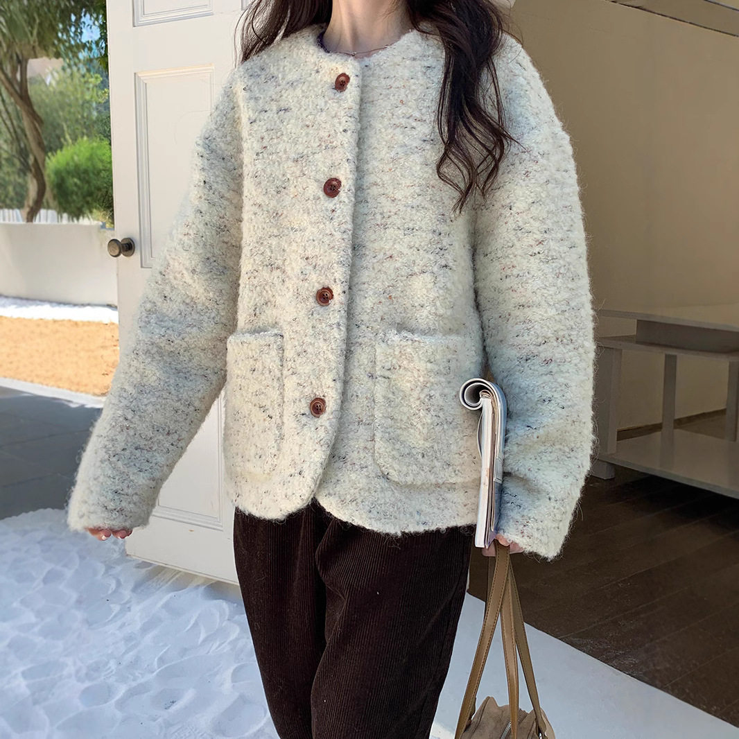 50羊毛小香风毛呢外套女冬季2025新款韩系温柔风圈圈毛羊羔绒上衣