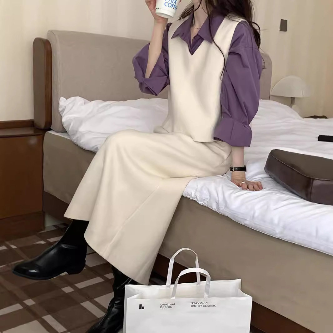 薇颂女装韩国东大门秋冬百搭羊毛V领毛呢马甲+半身裙套装女