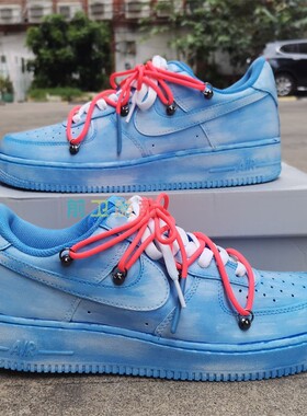 DIY定制爆改球鞋af1空军一号蓝色浸染做旧打孔改造OW联名情侣板鞋