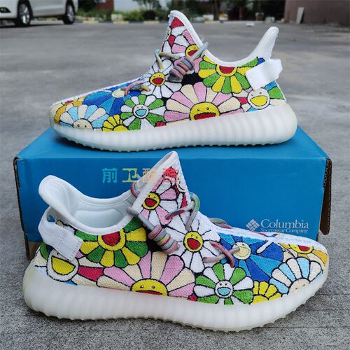 球鞋定制手绘yeezy白冰淇淋椰子鞋村上隆太阳花diy涂鸦改色彩绘