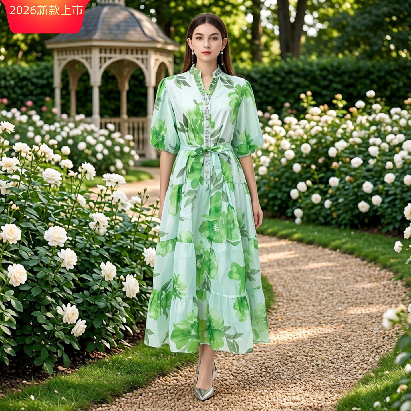 法式度假风V领泡泡袖印花仙女连衣裙夏钉珠收腰大摆优雅大码长裙