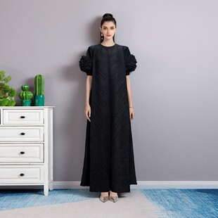 法式 大码 宽松连衣裙旅行度假拍照好看很仙 长裙女 立体大花泡泡袖