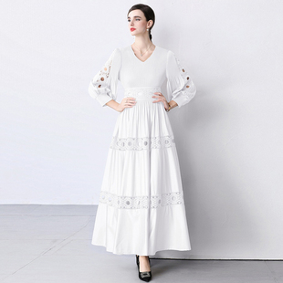 跳舞拍照好看很仙的大摆白色连衣裙名媛明星走秀超长大码晚礼服女