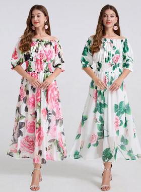 夏季碎花一字肩两穿礼服连衣裙女