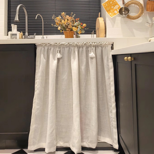 新款亚麻褶皱魔术贴橱柜帘免打孔自粘式遮挡帘厨房收纳防尘装饰帘