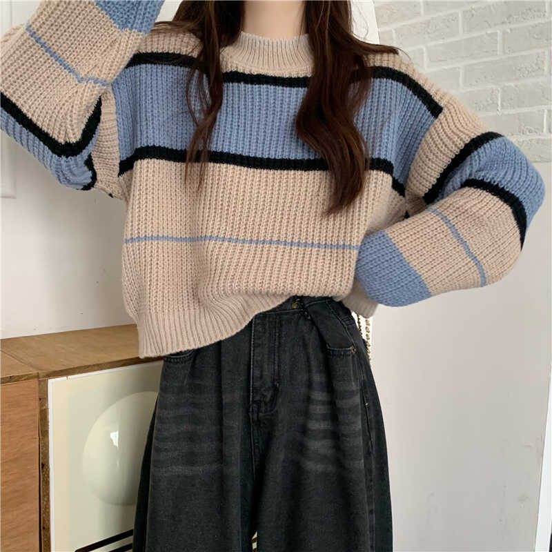 拼色条纹粗线针织套头2025新款秋冬女圆领日系毛衣软糯短款厚上衣