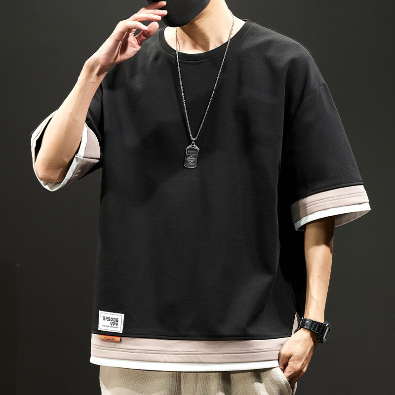 大码男装胖子学生夏季新款美式假两件拼接短袖T恤男加肥加大半袖