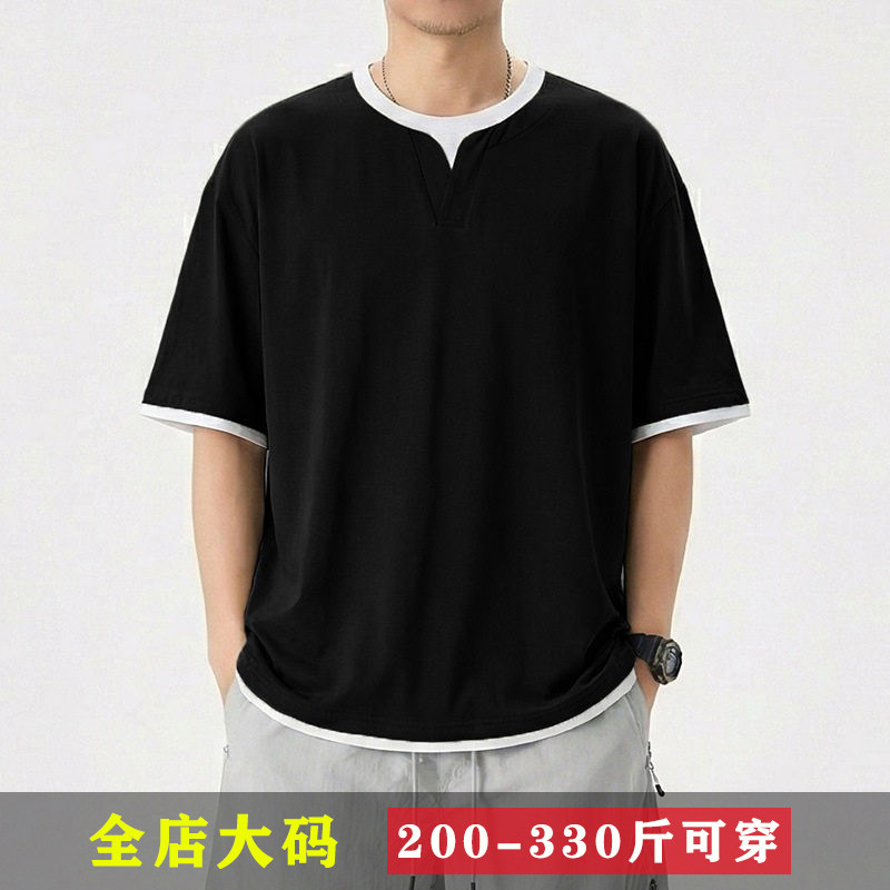 300斤特大码男装胖子160胸围假两件短袖T恤男加肥加大休闲半袖6X