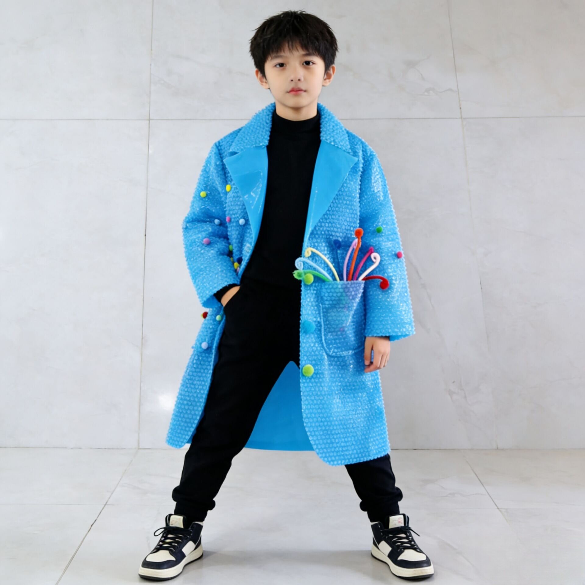 环保服装儿童时装秀男童手工diy数字扭扭棒毛球创意制作衣服走秀