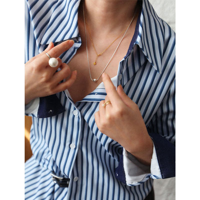 老钱风轻奢牛仔拼蓝色条纹衬衫