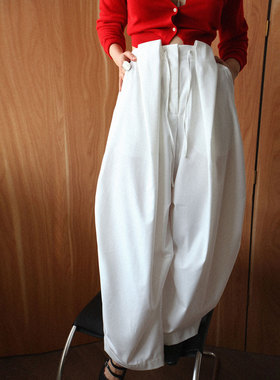 A'1st编辑店 高级感抽绳压褶伞兵裤垂感休闲白色阔腿裤宽松弯刀裤