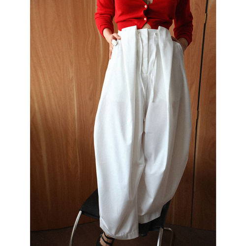 高级感抽绳压褶伞兵裤白色阔腿裤