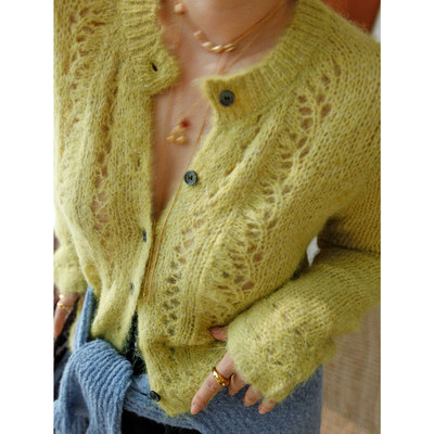 春日轻盈马海毛镂空麻花黄色开衫
