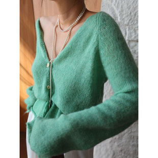 女百搭叠穿毛衣 软糯绒感绿色马海毛收腰抽绳针织开衫 1st编辑店