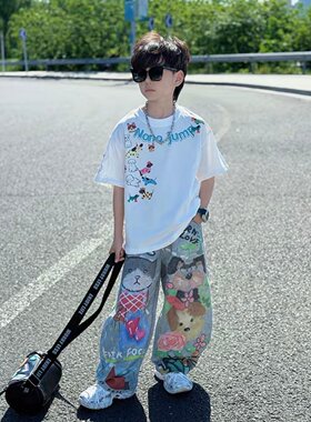 男童夏季个性卡通印花短袖T恤中大童潮酷手绘动物牛仔长裤两件套