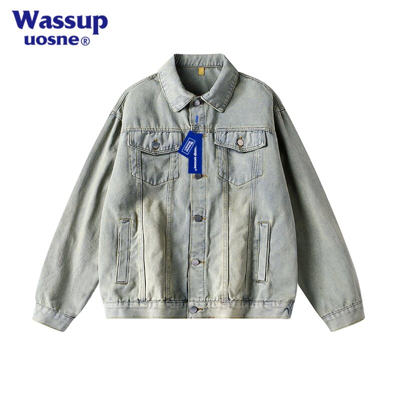 WASSUP UOSNE美式复古牛仔外套男士宽松翻领加绒加厚百搭夹克外套