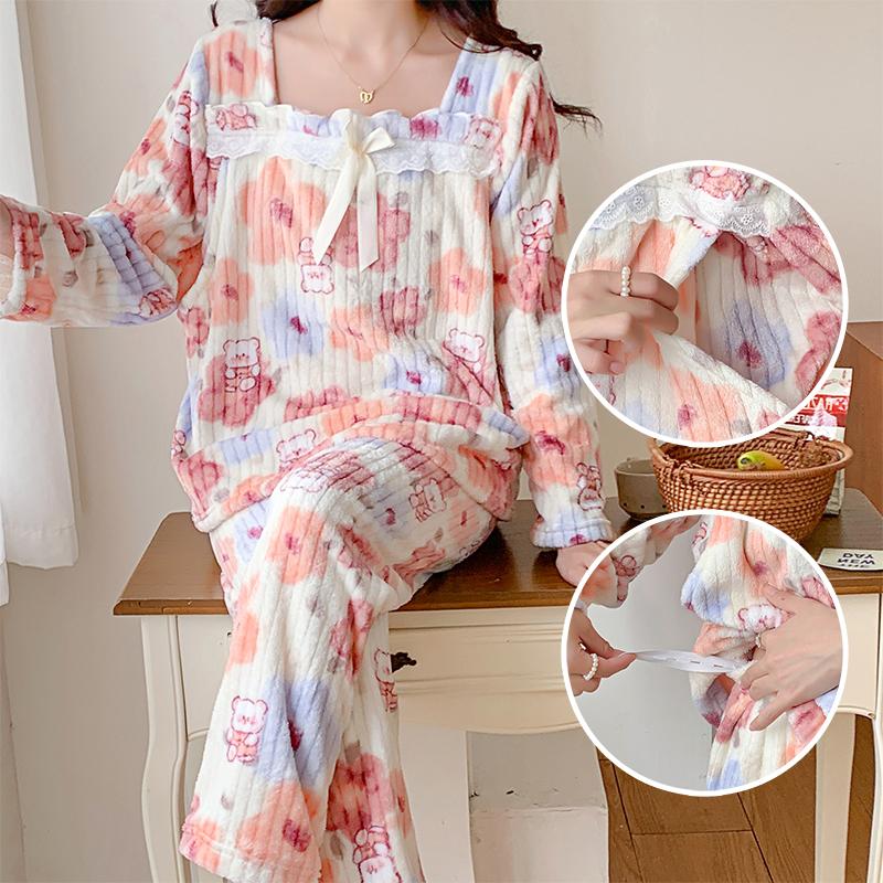 珊瑚绒孕妇睡衣秋冬季产妇月子服法兰绒产后哺乳期喂奶家居服套装
