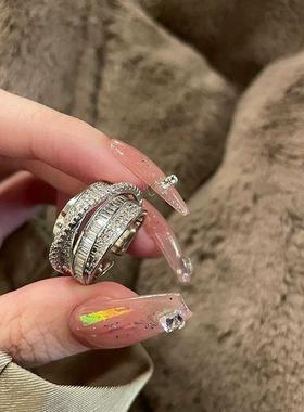 多层线条戒指铜微镶锆石复古