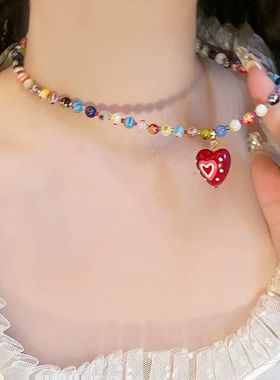 气质彩色多巴胺琉璃爱心吊坠项链