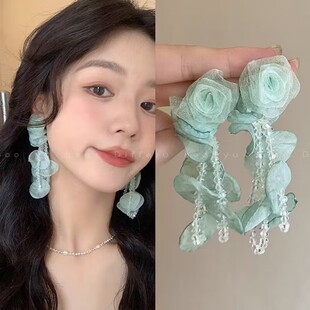轻奢薄荷绿法式雪纺纱花朵超仙水晶耳环小众夸张度假风设计耳饰女