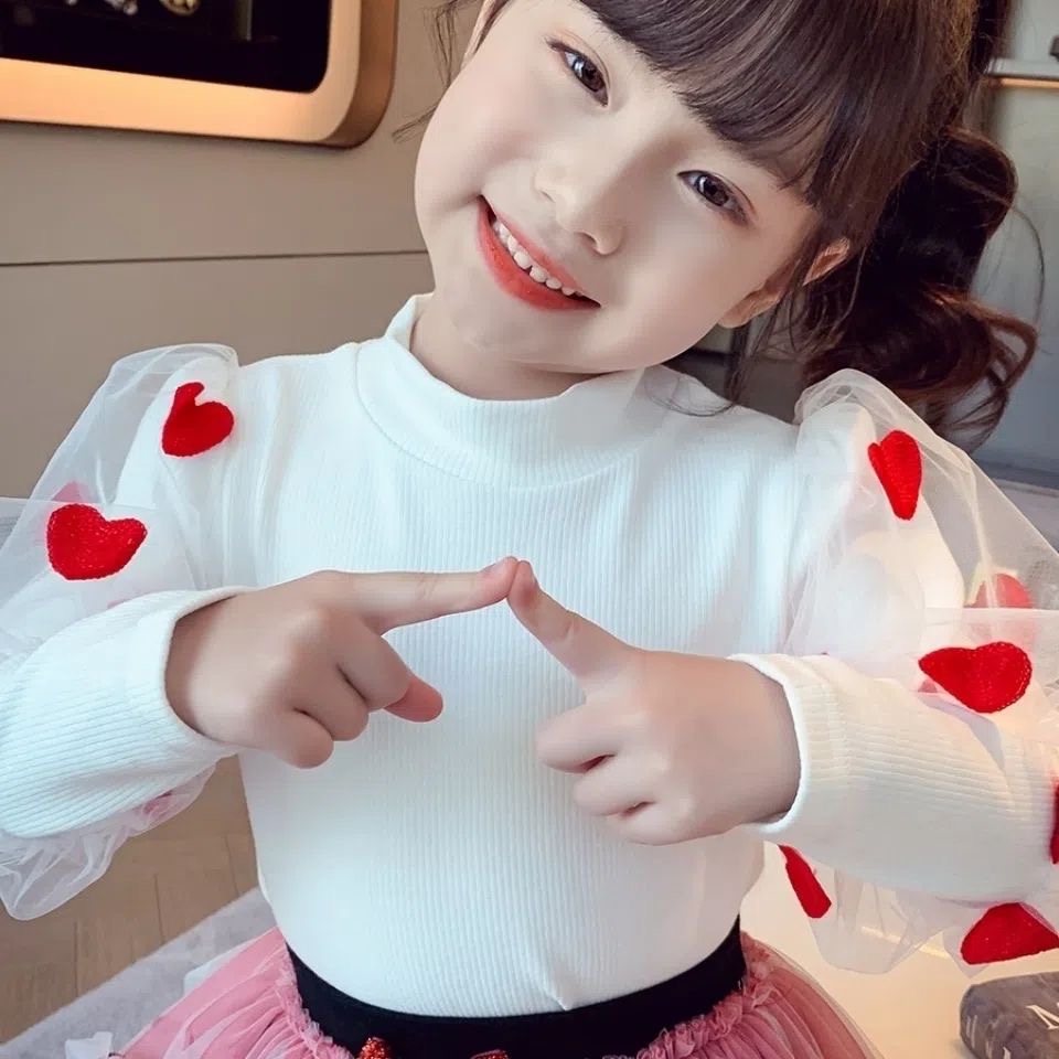 女童秋冬装打底衫灯笼袖女孩网纱泡泡袖爱心刺绣上衣儿童打底衫