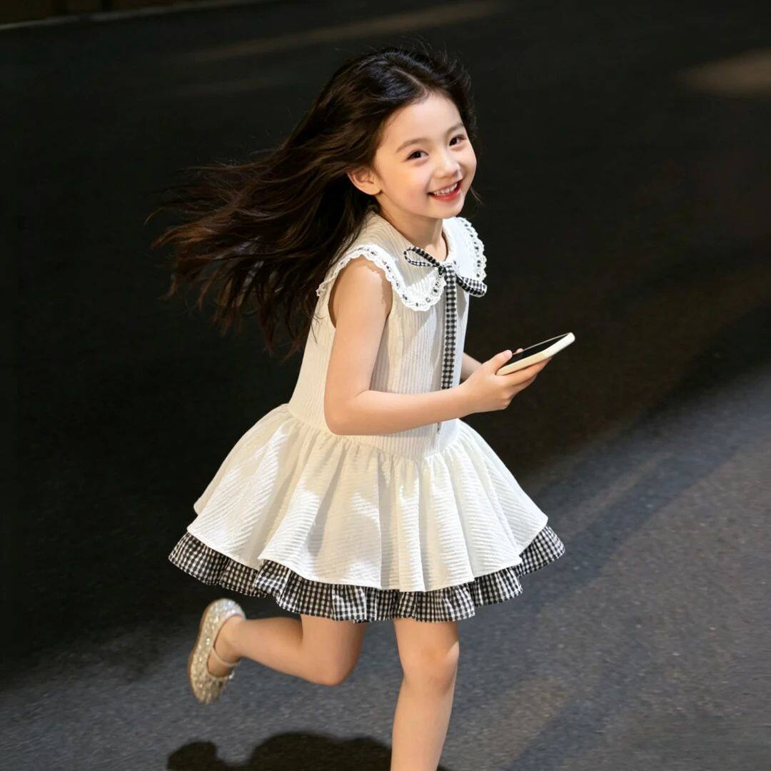 女童夏季新款洋气可爱翻领格子拼接无袖蓬蓬甜美韩版公主连衣裙子