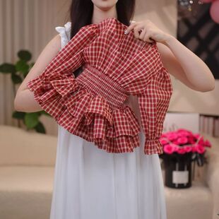 秋季新款女童连衣裙经典格子束腰百搭上衣中小童时尚泡泡长袖外套