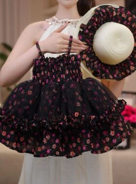 女童夏季新款紫花公主裙时尚黑纱碎花无袖吊带蓬蓬时尚连衣裙帽子