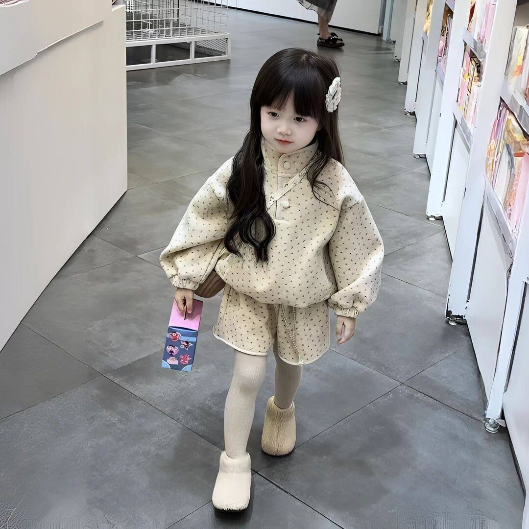 女童加绒加厚套装秋冬2026新款儿童宝宝洋气韩系圆点高领卫衣套装