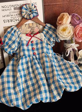女童连衣裙蓝色格子短袖法式花苞裙夏新款幼儿园小朋友洋气花苞裙
