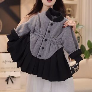 2026秋冬韩版甜美百褶加厚棉服收腰外套女童毛呢冬款洋气女童上衣
