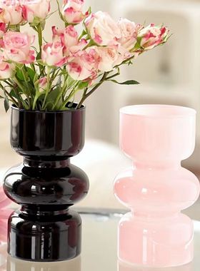 简约现代中古小众玻璃花瓶黑色水养鲜花客厅创意高级装饰插花摆件