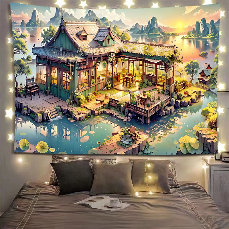 治愈系温馨小屋背景布挂布挂毯