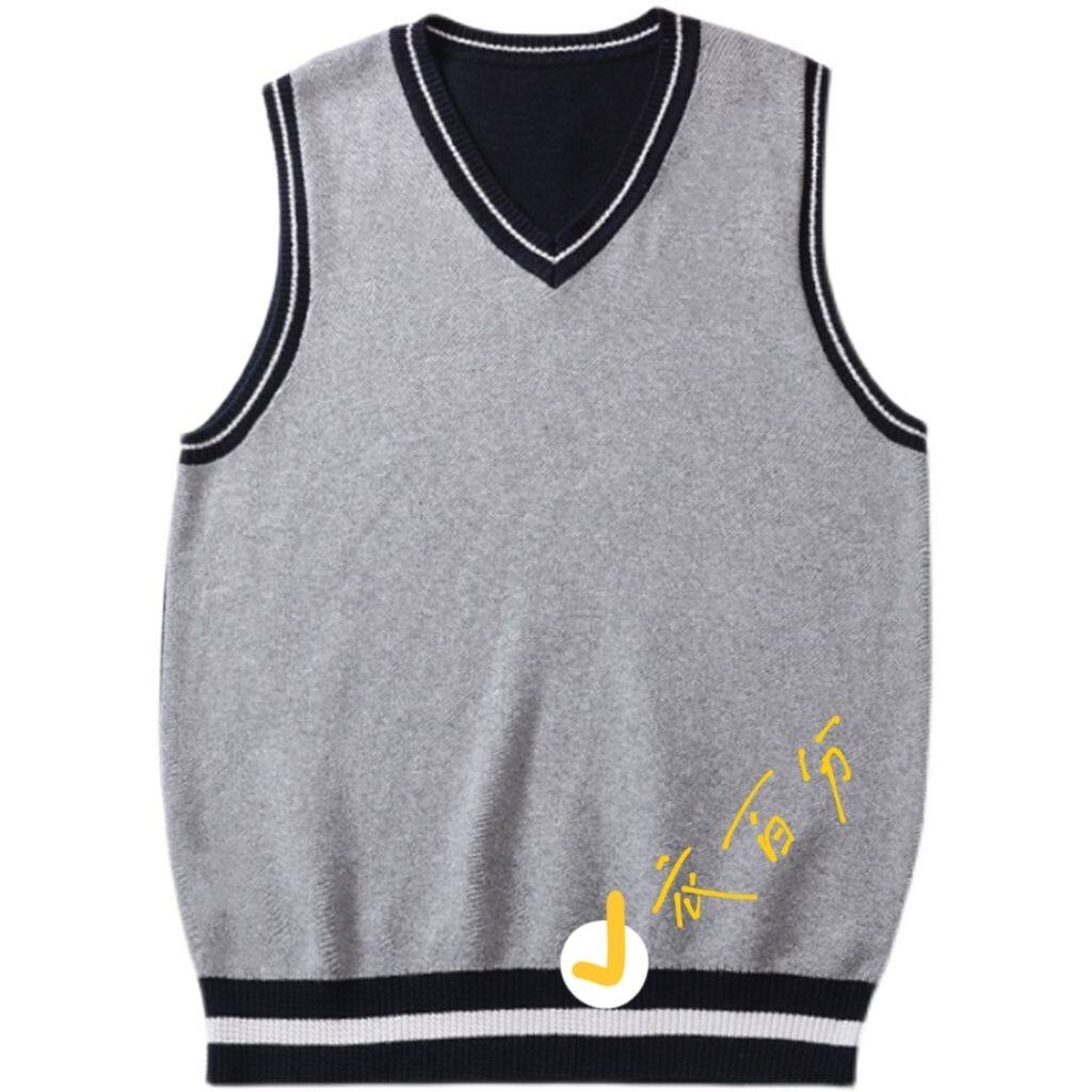 春季灰蓝撞色济南历下校服同款初中的纯棉线针织坎肩毛线背心马甲