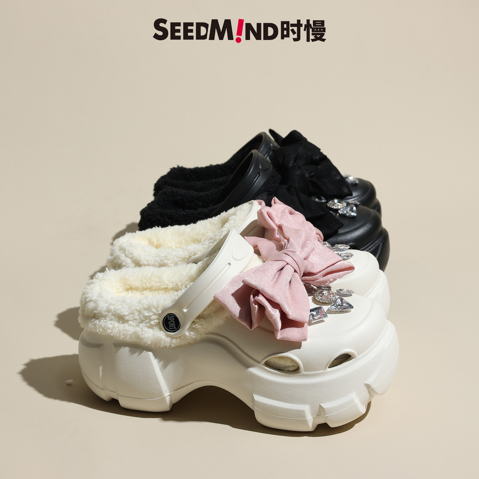 小曼细细条加绒洞洞鞋女款蝴蝶结厚底冬季毛绒外穿2023新款棉拖鞋图片