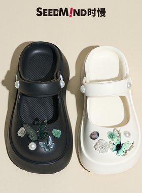 小曼细细条coros玛丽珍洞洞鞋女款蝴蝶软底厚底外穿凉鞋拖鞋黑色