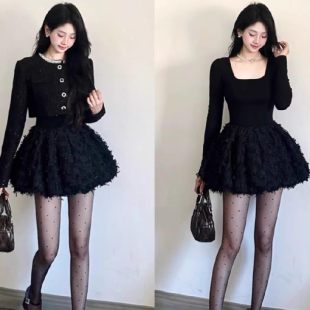 小香风短外套蓬蓬连衣裙两件套女春秋名媛韩系穿搭富家千金一整套