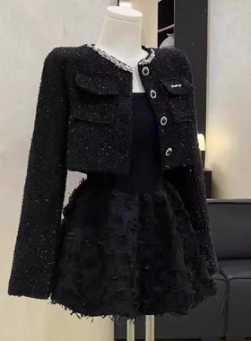 富家千金小香风套装女秋冬高级感气质名媛短外套蓬蓬连衣裙两件套