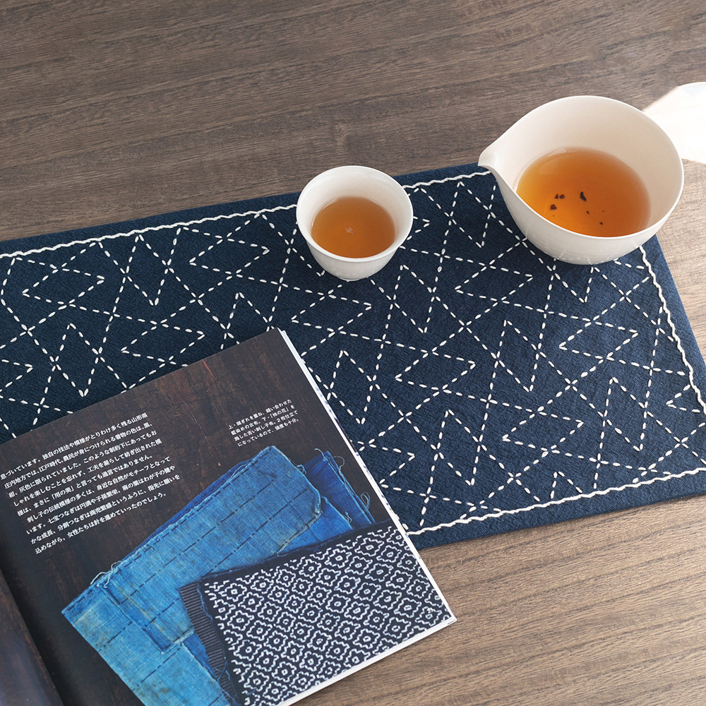 刺子绣茶席材料包 山形纹样新手入门送礼刺绣棉麻靛蓝茶席材料包