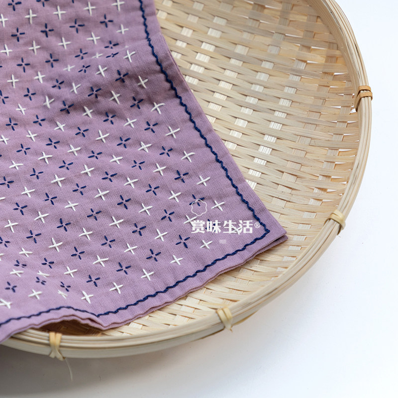 【紫色底布】刺子绣花布巾 印好图案  日本刺绣可爱花布巾sashiko